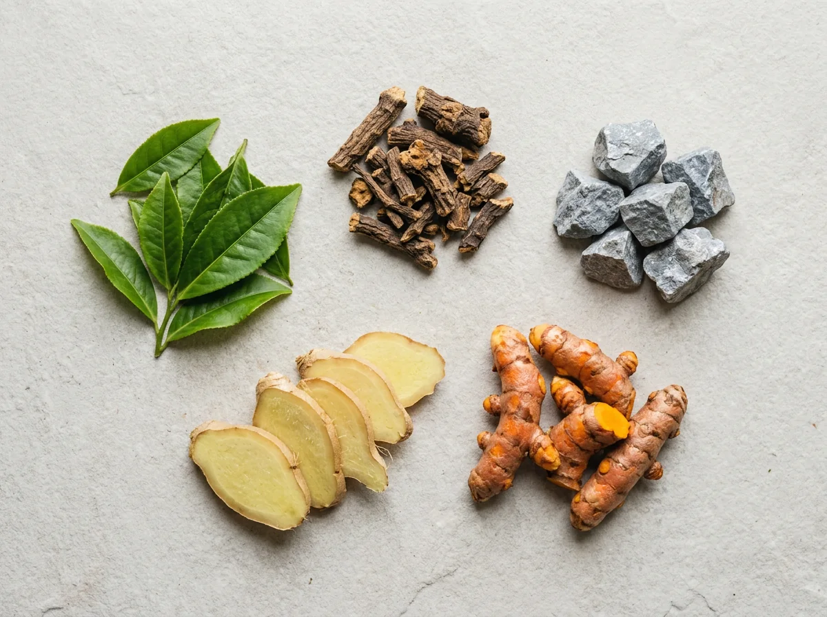 Groene thee bladeren berberiswortel verse kruiden plantaardige ingrediënten Ozalyn