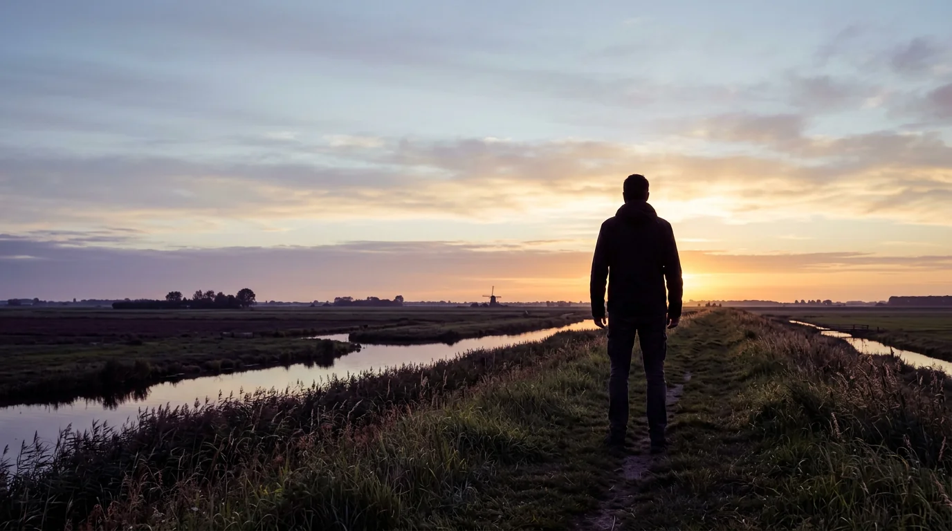 Anonieme silhouet in polderlandschap Nederland zonsopkomst actieve levensstijl welzijn